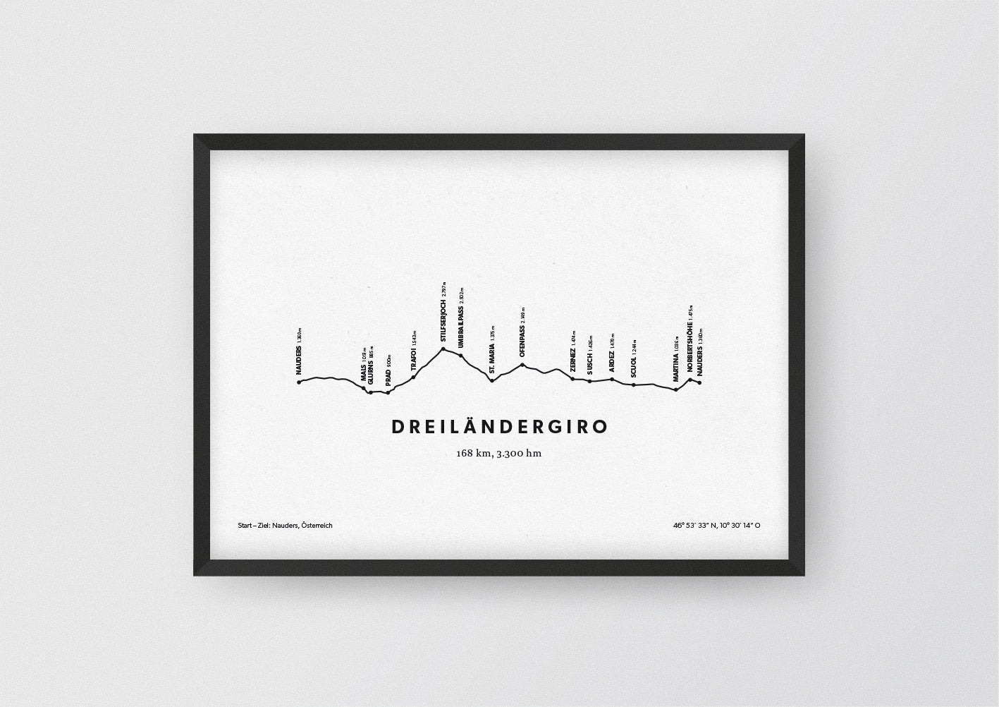 Minimalistische Illustration des Dreiländergiros, einem der schönsten Rad-Marathons in den Alpen, als stilvoller Einrichtungsgegenstand für Zuhause.
