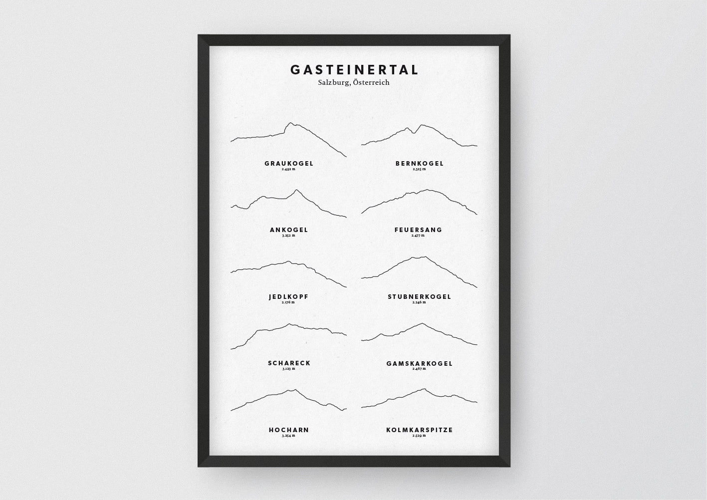 Minimalistische Illustration des Gasteinertals, als stilvoller Einrichtungsgegenstand für Zuhause.