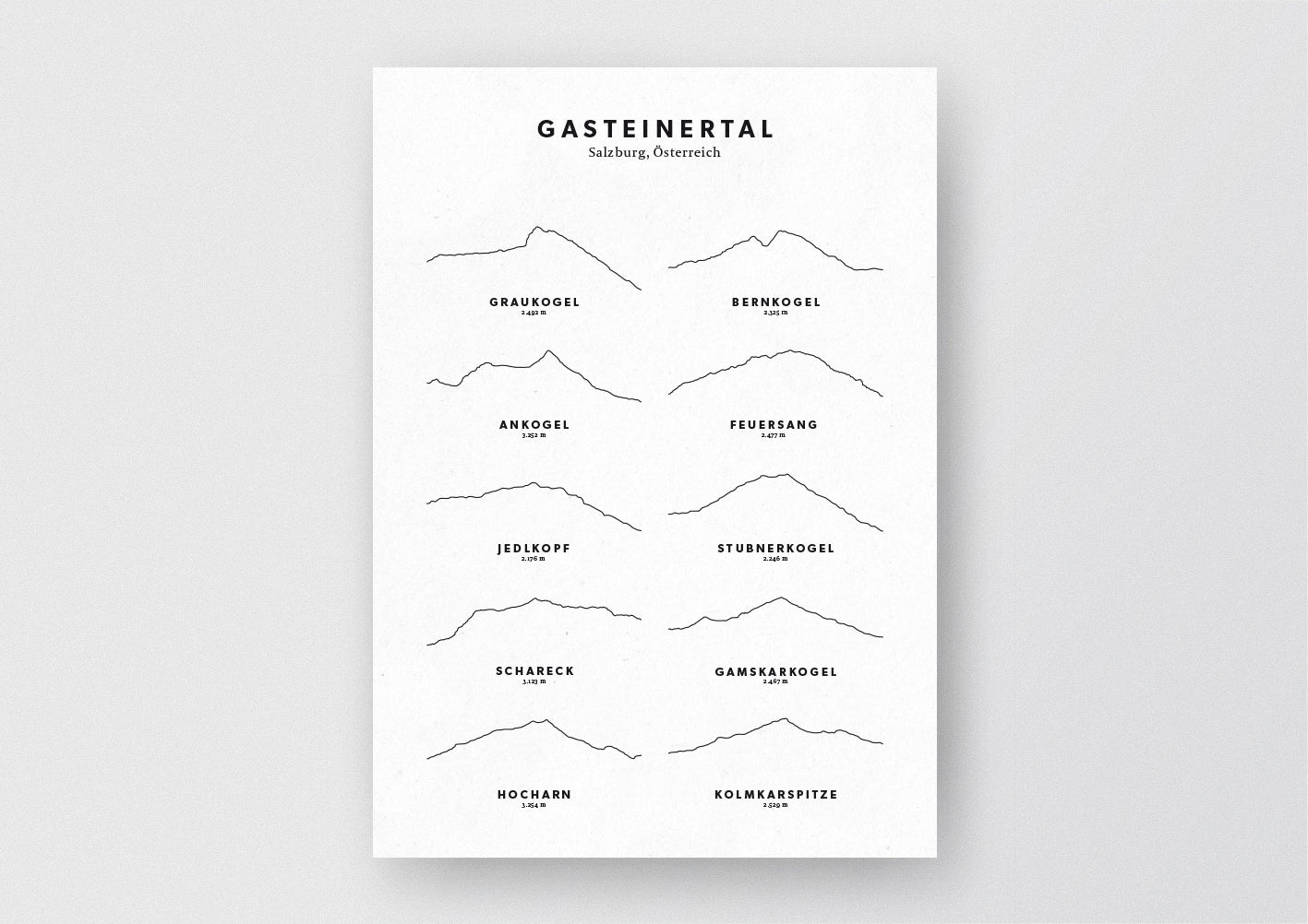 Minimalistische Illustration des Gasteinertals, als stilvoller Einrichtungsgegenstand für Zuhause.