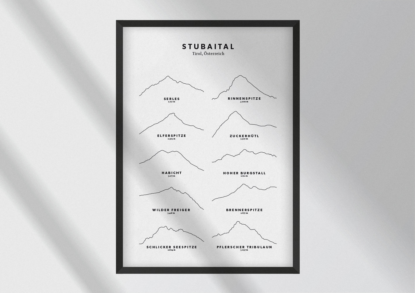 Minimalistische Illustration des Stubaitals, als stilvoller Einrichtungsgegenstand für Zuhause.