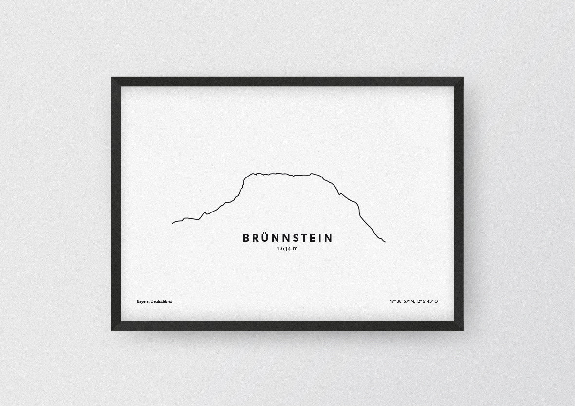 Minimalistische Illustration des Brünnstein in den Bayerischen Voralpen, als stilvoller Einrichtungsgegenstand für Zuhause.
