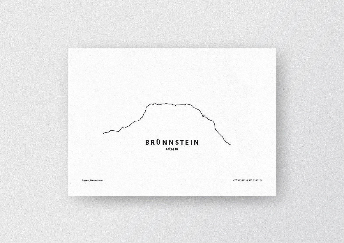 Minimalistische Illustration des Brünnstein in den Bayerischen Voralpen, als stilvoller Einrichtungsgegenstand für Zuhause.