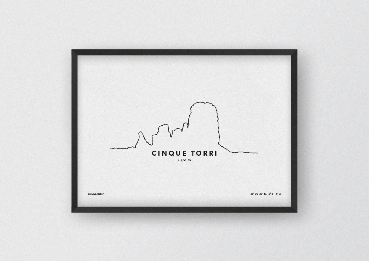Minimalistische Illustration der Ackerlspitze, des Cinque Torri in den Ampezzaner Dolomiten, als stilvoller Einrichtungsgegenstand für Zuhause.