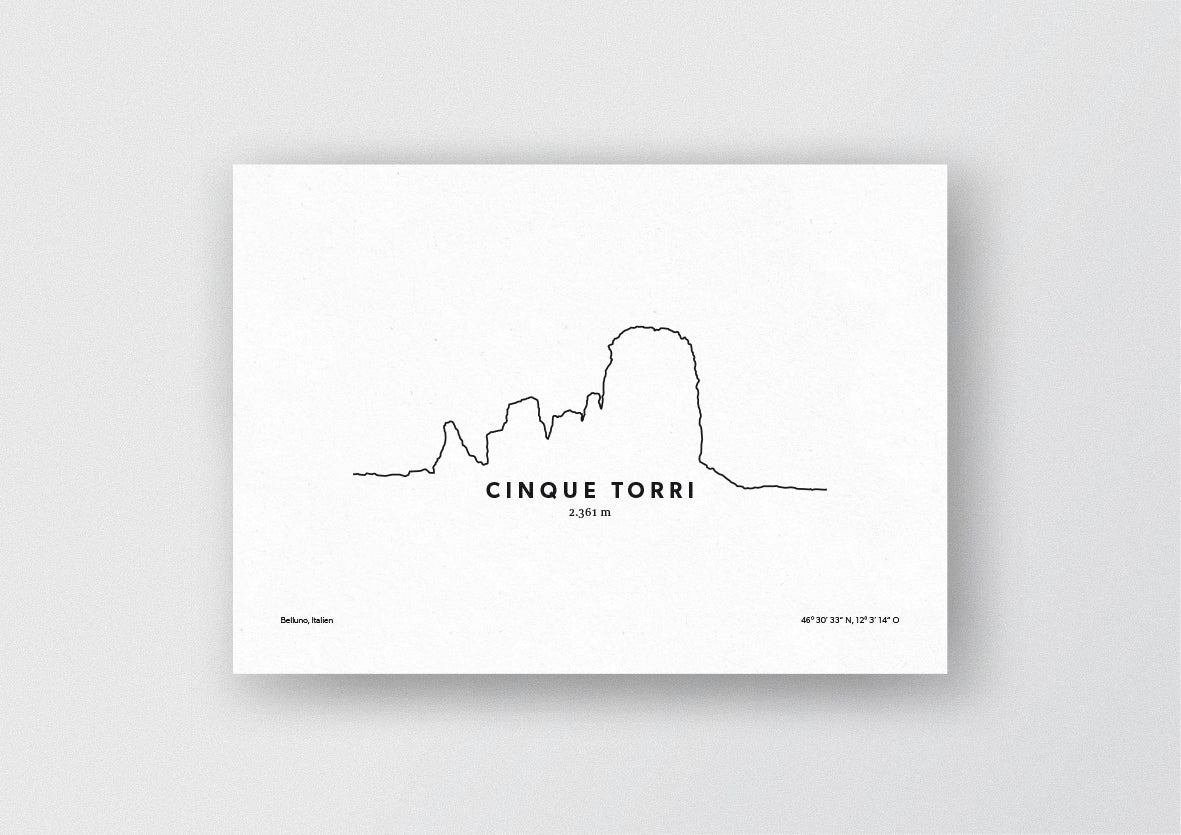Minimalistische Illustration der Ackerlspitze, des Cinque Torri in den Ampezzaner Dolomiten, als stilvoller Einrichtungsgegenstand für Zuhause.
