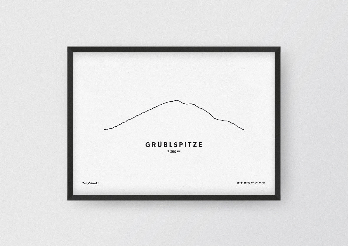 Minimalistische Illustration der Grüblspitze in den Tuxer Alpen, als stilvoller Einrichtungsgegenstand für Zuhause.