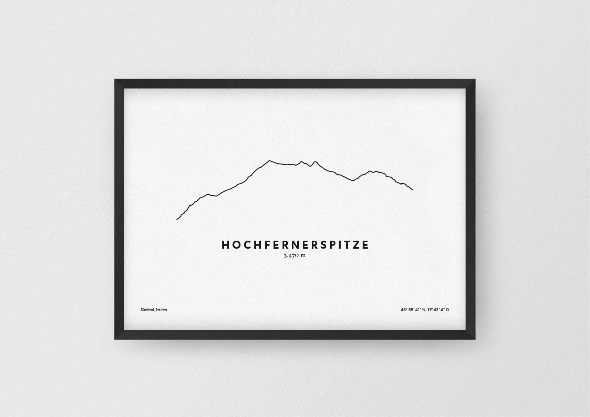 Minimalistische Illustration der Hochfernerspitze, einem der höchsten Berge der Zillertaler Alpen, als stilvoller Einrichtungsgegenstand für Zuhause.