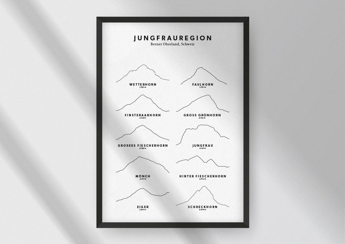 Minimalistische Illustration der Jungfrauregion im Berner Oberland, als stilvoller Einrichtungsgegenstand für Zuhause.