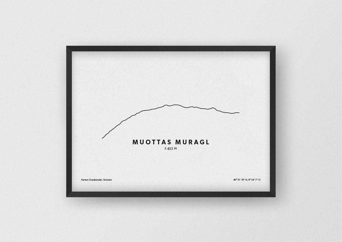 Minimalistische Illustration es Muottas Muragl in den Livigno-Alpen, als perfekte Erinnerung an deinen Bergmoment und als stilvoller Einrichtungsgegenstand für dein Zuhause.