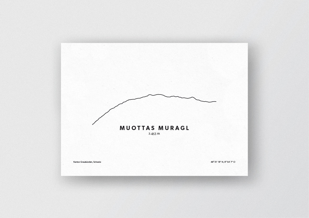 Minimalistische Illustration es Muottas Muragl in den Livigno-Alpen, als perfekte Erinnerung an deinen Bergmoment und als stilvoller Einrichtungsgegenstand für dein Zuhause.