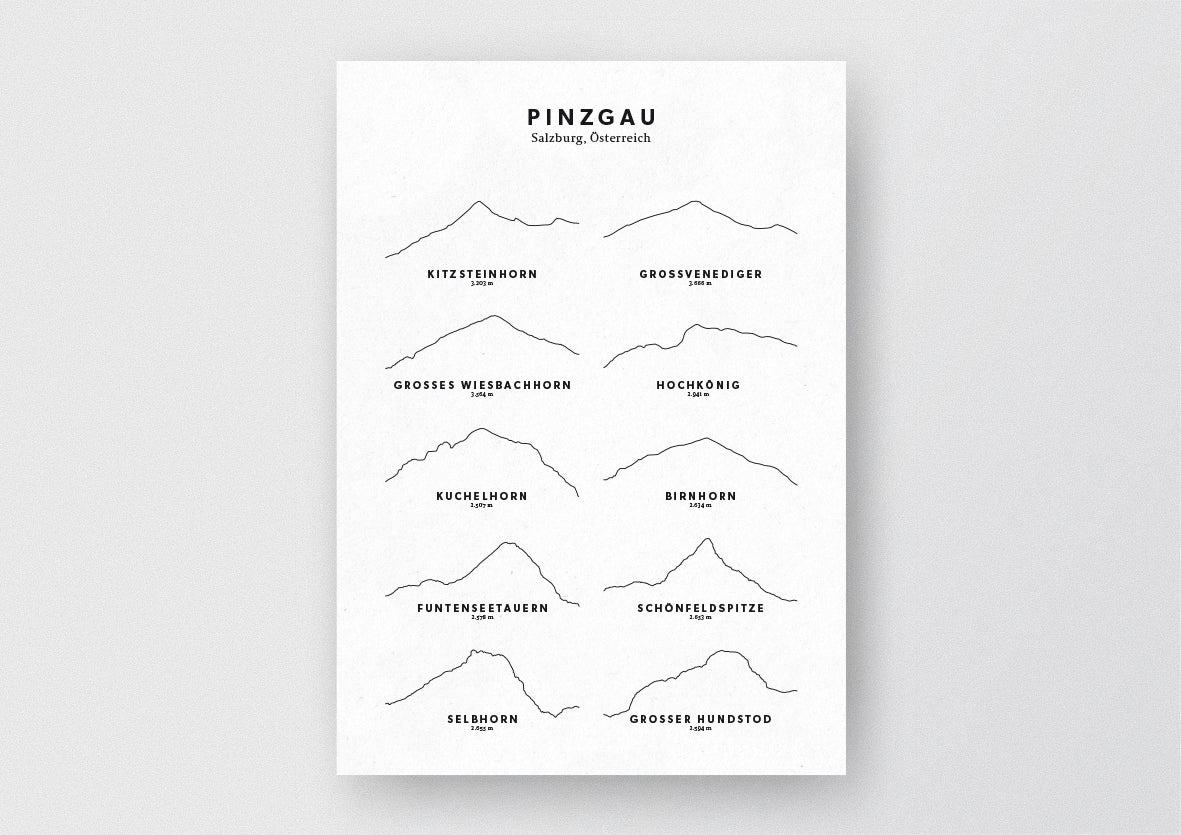 Minimalistische Illustration der Region Pinzgau im Salzburger Land, als stilvoller Einrichtungsgegenstand für Zuhause.