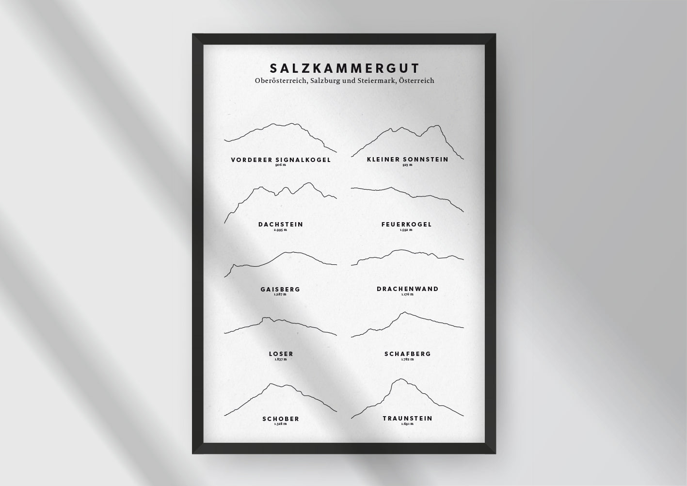 Minimalistische Illustration des Salzkammergut, als stilvoller Einrichtungsgegenstand für Zuhause.