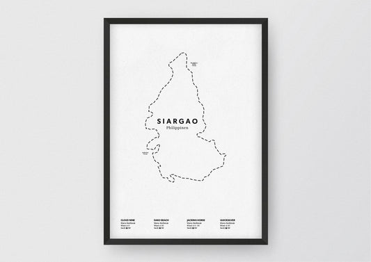 Minimalistische Illustration der Karte von Siargao auf den Philippinen, mit Markierung der Küste sowie vier Surfhotspots der Region, als stilvoller Einrichtungsgegenstand für Zuhause.