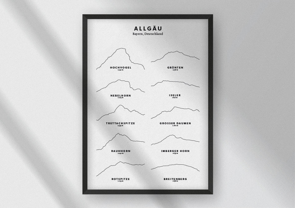 Minimalistische Illustration der Allgäuer Berge, als stilvoller Einrichtungsgegenstand für Zuhause.