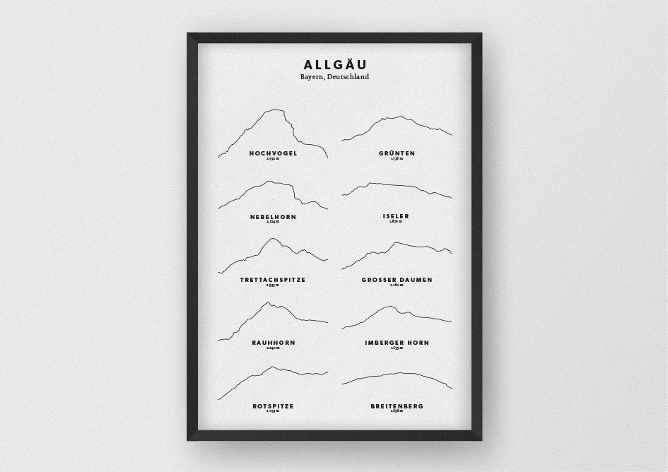 Minimalistische Illustration der Allgäuer Berge, als stilvoller Einrichtungsgegenstand für Zuhause.