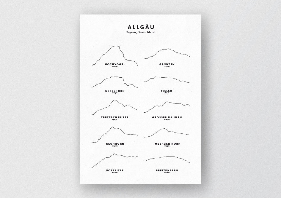 Minimalistische Illustration der Allgäuer Berge, als stilvoller Einrichtungsgegenstand für Zuhause.