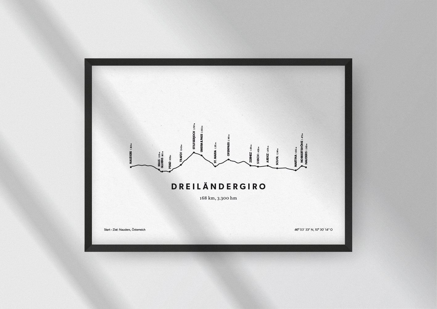 Minimalistische Illustration des Dreiländergiros, einem der schönsten Rad-Marathons in den Alpen, als stilvoller Einrichtungsgegenstand für Zuhause.