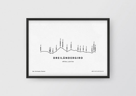 Minimalistische Illustration des Dreiländergiros, einem der schönsten Rad-Marathons in den Alpen, als stilvoller Einrichtungsgegenstand für Zuhause.
