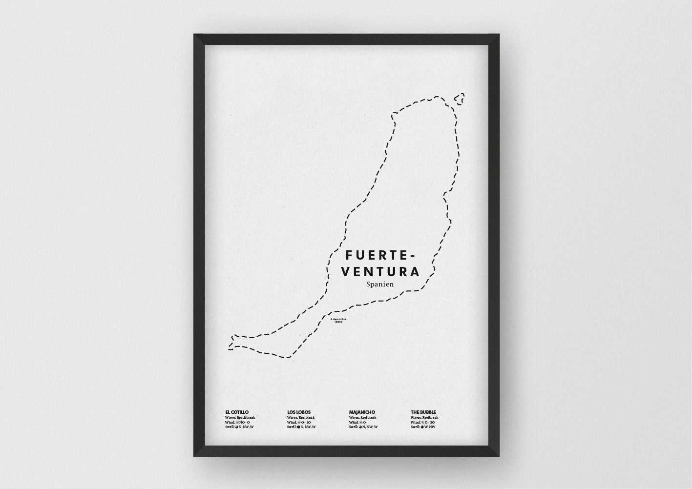 Minimalistische Illustration der Karte von Fuerteventura, mit Markierung der Küste sowie vier Surfhotspots der Region, als stilvoller Einrichtungsgegenstand für Zuhause.