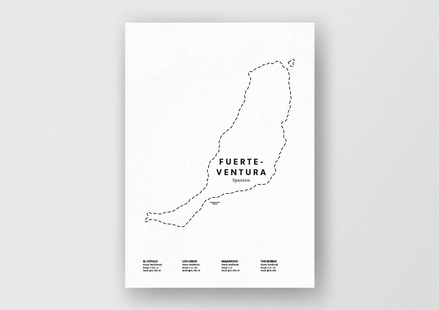 Minimalistische Illustration der Karte von Fuerteventura, mit Markierung der Küste sowie vier Surfhotspots der Region, als stilvoller Einrichtungsgegenstand für Zuhause.