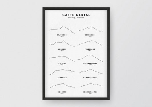 Minimalistische Illustration des Gasteinertals, als stilvoller Einrichtungsgegenstand für Zuhause.