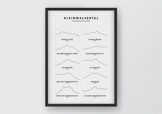 Minimalistische Illustration der Berge des Kleinwalsertals, als stilvoller Einrichtungsgegenstand für Zuhause.