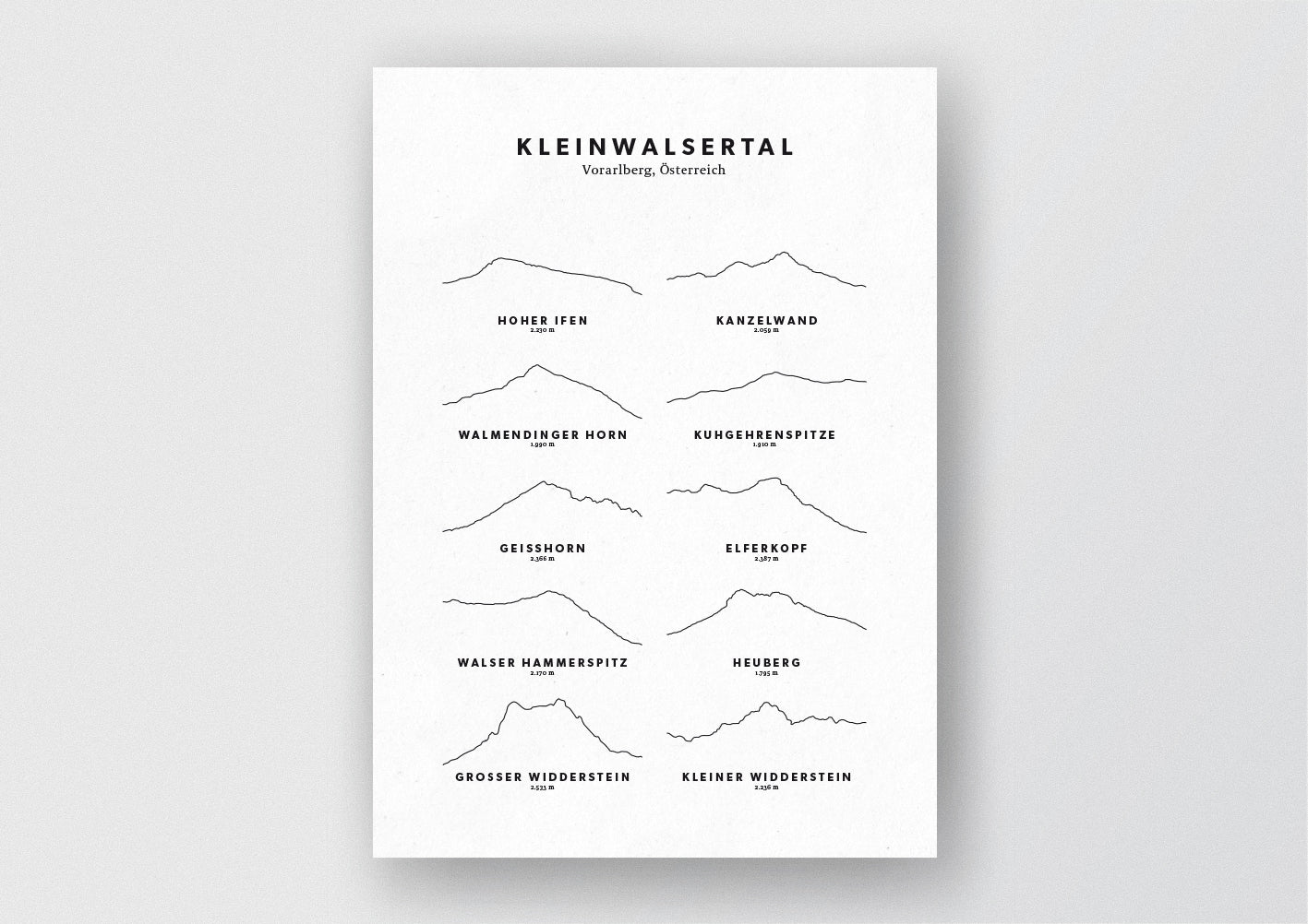 Minimalistische Illustration der Berge des Kleinwalsertals, als stilvoller Einrichtungsgegenstand für Zuhause.