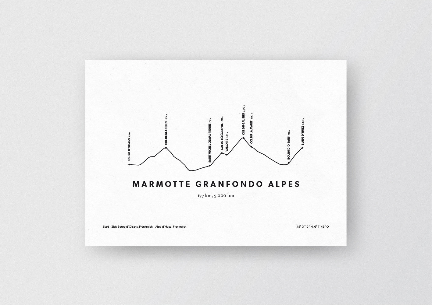 Minimalistische Illustration des Marmotte Granfondo Alpes, einem der schönsten Rad-Marathons in den Alpen, als stilvoller Einrichtungsgegenstand für Zuhause.