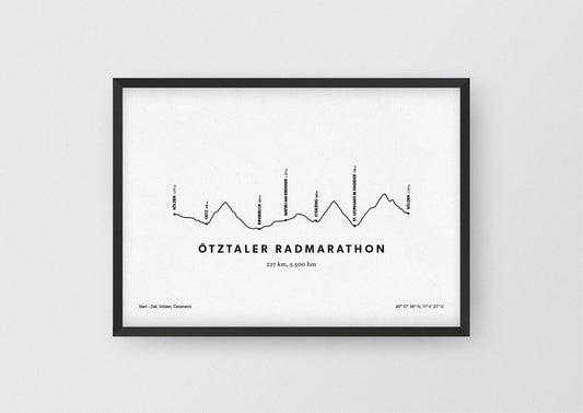 Minimalistische Illustration des Ötztaler Radmarathons, einem der schönsten Rad-Marathons in den Alpen, als stilvoller Einrichtungsgegenstand für Zuhause.