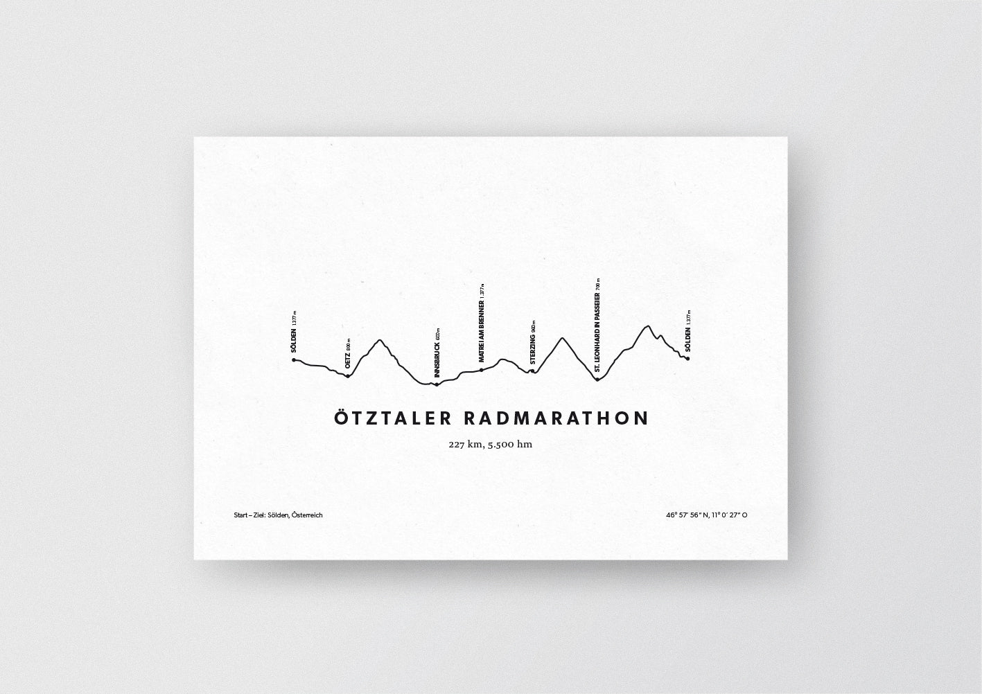 Minimalistische Illustration des Ötztaler Radmarathons, einem der schönsten Rad-Marathons in den Alpen, als stilvoller Einrichtungsgegenstand für Zuhause.