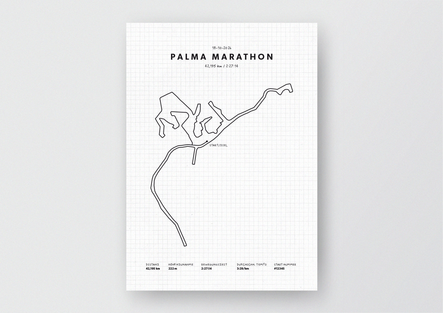 Unsere minimalistische Illustration Deines Palma Marathons, ist die perfekte Erinnerung an ein sportliches Highlight und ein stilvoller Einrichtungsgegenstand für die heimischen Wände oder das ideale Geschenk für alle Läufer.