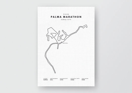 Unsere minimalistische Illustration Deines Palma Marathons, ist die perfekte Erinnerung an ein sportliches Highlight und ein stilvoller Einrichtungsgegenstand für die heimischen Wände oder das ideale Geschenk für alle Läufer.