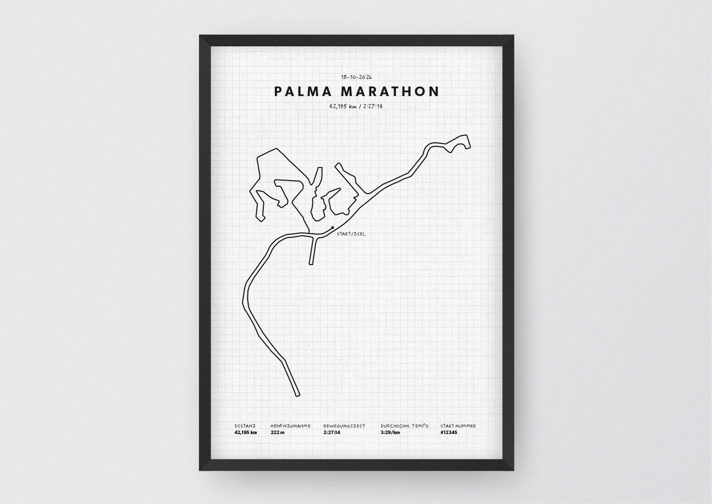 Unsere minimalistische Illustration Deines Palma Marathons, ist die perfekte Erinnerung an ein sportliches Highlight und ein stilvoller Einrichtungsgegenstand für die heimischen Wände oder das ideale Geschenk für alle Läufer.