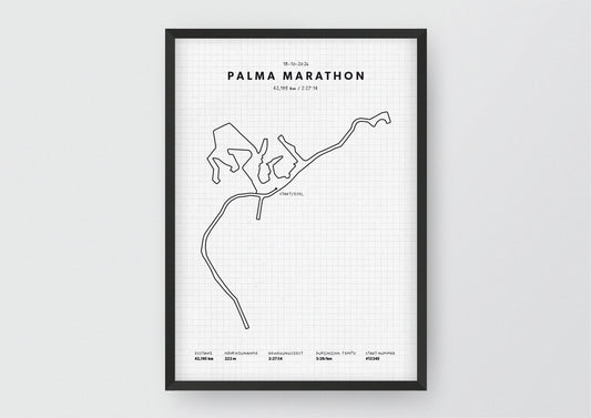 Unsere minimalistische Illustration Deines Palma Marathons, ist die perfekte Erinnerung an ein sportliches Highlight und ein stilvoller Einrichtungsgegenstand für die heimischen Wände oder das ideale Geschenk für alle Läufer.