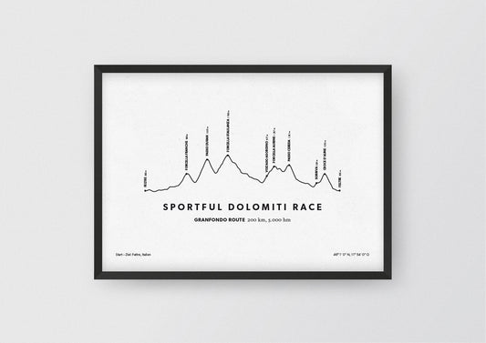 Minimalistische Illustration des Sportful Dolomiti Race, einem der schönsten Rad-Marathons in den Alpen, als stilvoller Einrichtungsgegenstand für Zuhause. Granfondo Route
