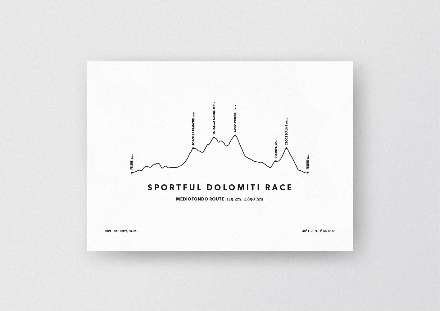 Minimalistische Illustration des Sportful Dolomiti Race, einem der schönsten Rad-Marathons in den Alpen, als stilvoller Einrichtungsgegenstand für Zuhause. Mediofondo Route