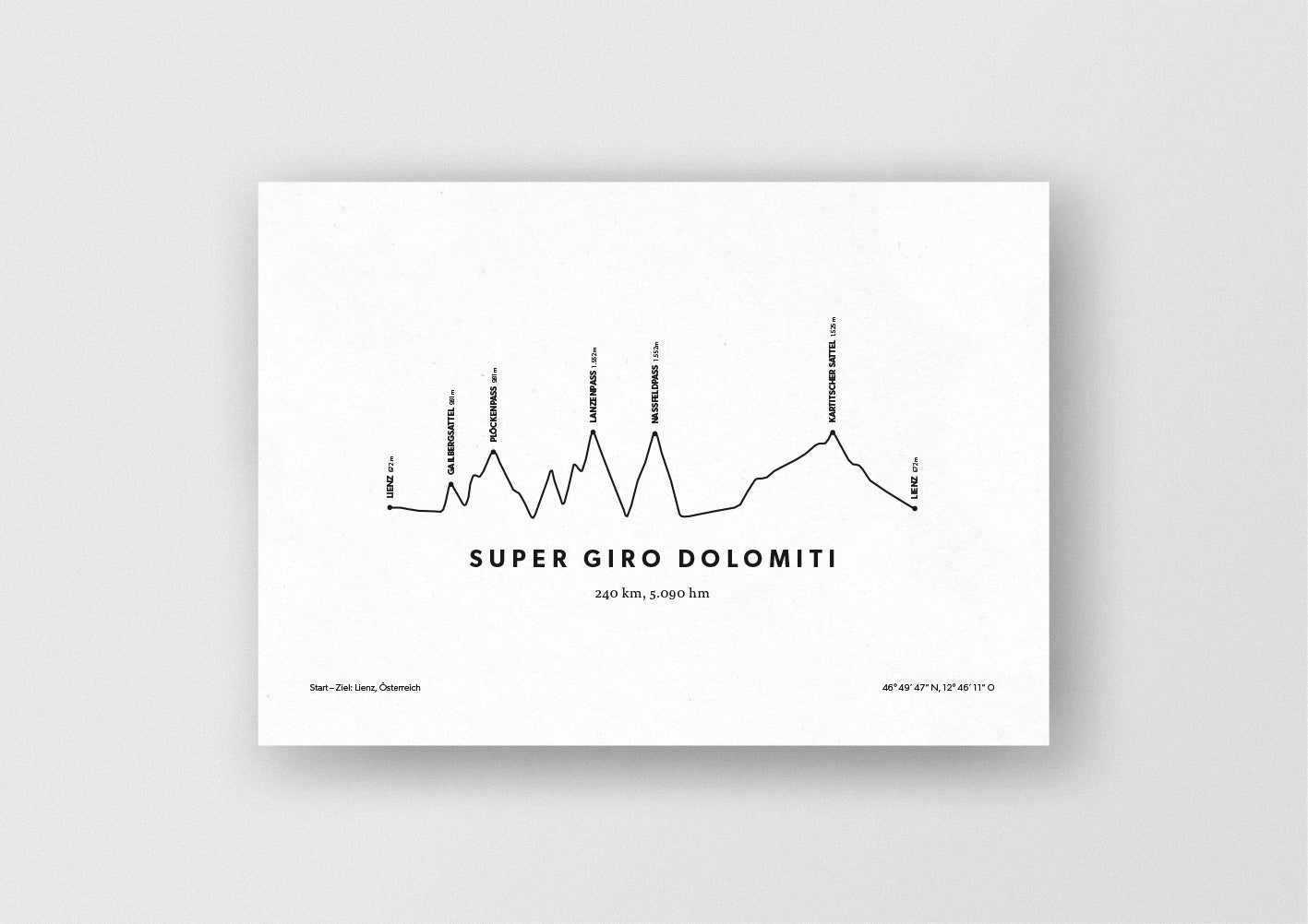 Minimalistische Illustration des Super Giro Dolomiti, einem der schönsten Rad-Marathons in den Alpen, als stilvoller Einrichtungsgegenstand für Zuhause.