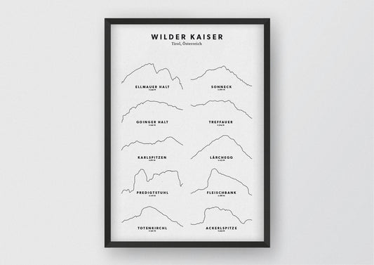 Minimalistische Illustration des Kaisergebirges, einer Gebirgsgruppe der Nördlichen Kalkalpen in den Ostalpen, als stilvoller Einrichtungsgegenstand für Zuhause.