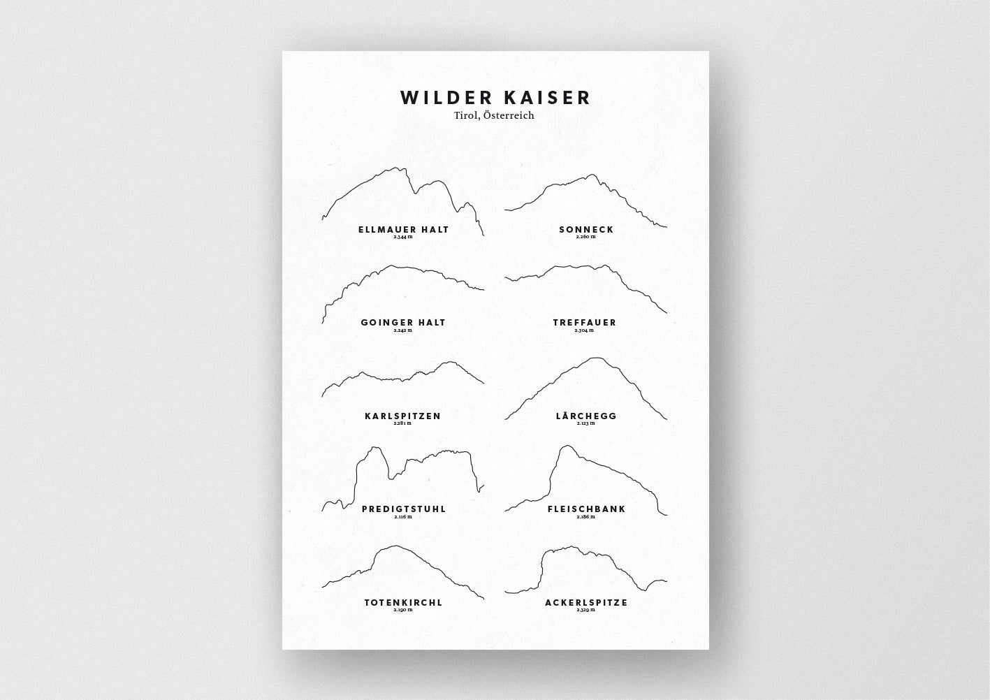 Minimalistische Illustration des Kaisergebirges, einer Gebirgsgruppe der Nördlichen Kalkalpen in den Ostalpen, als stilvoller Einrichtungsgegenstand für Zuhause.