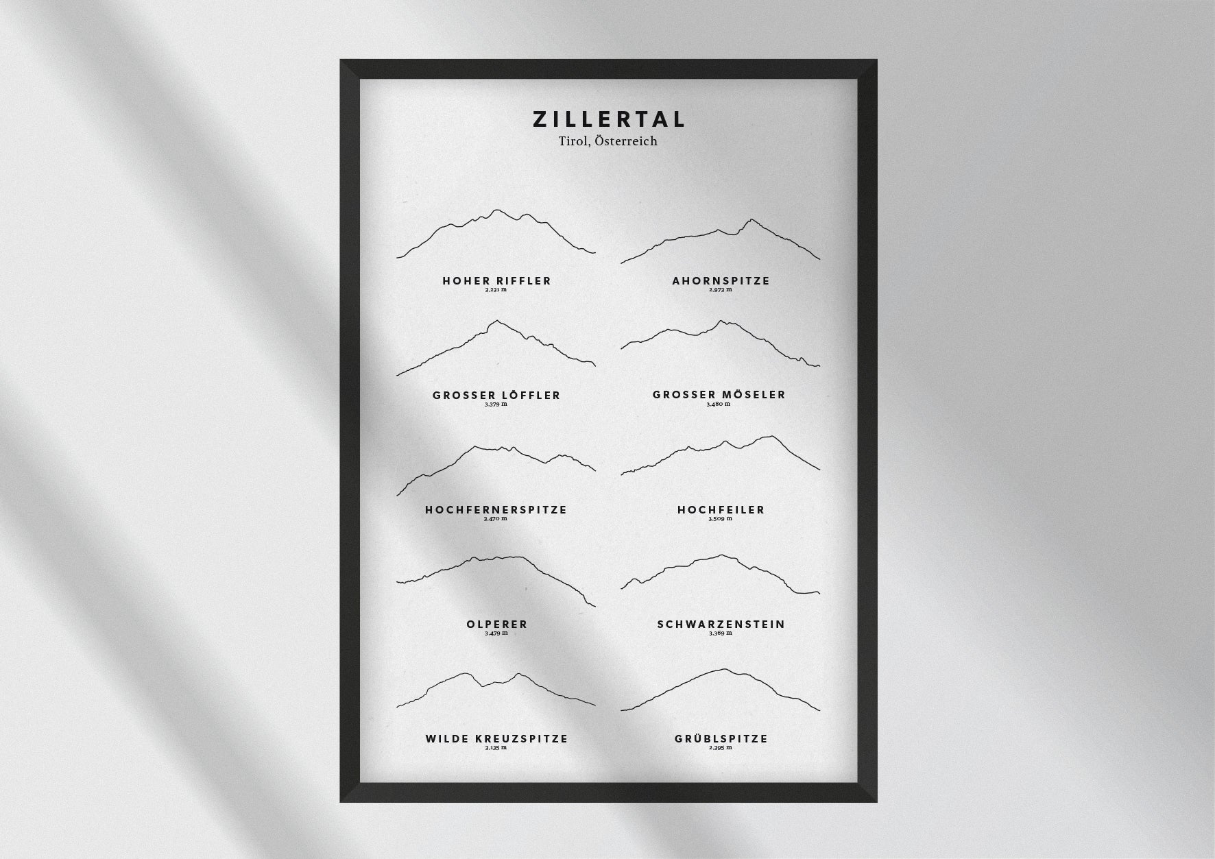 Minimalistische Illustration des Zillertals, als stilvoller Einrichtungsgegenstand für Zuhause.