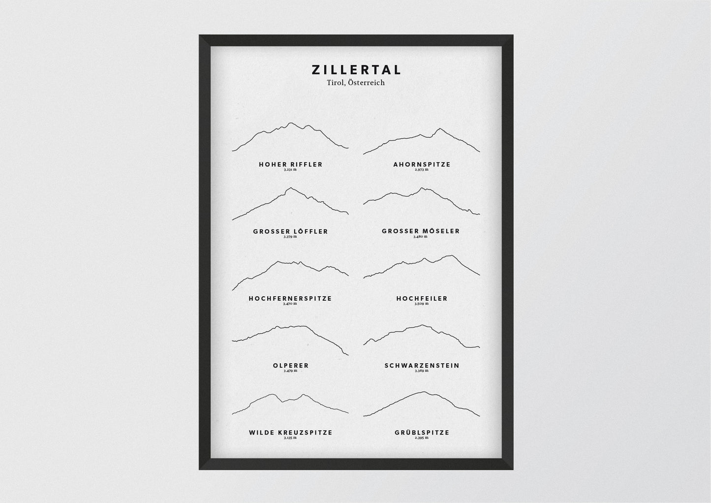 Minimalistische Illustration des Zillertals, als stilvoller Einrichtungsgegenstand für Zuhause.