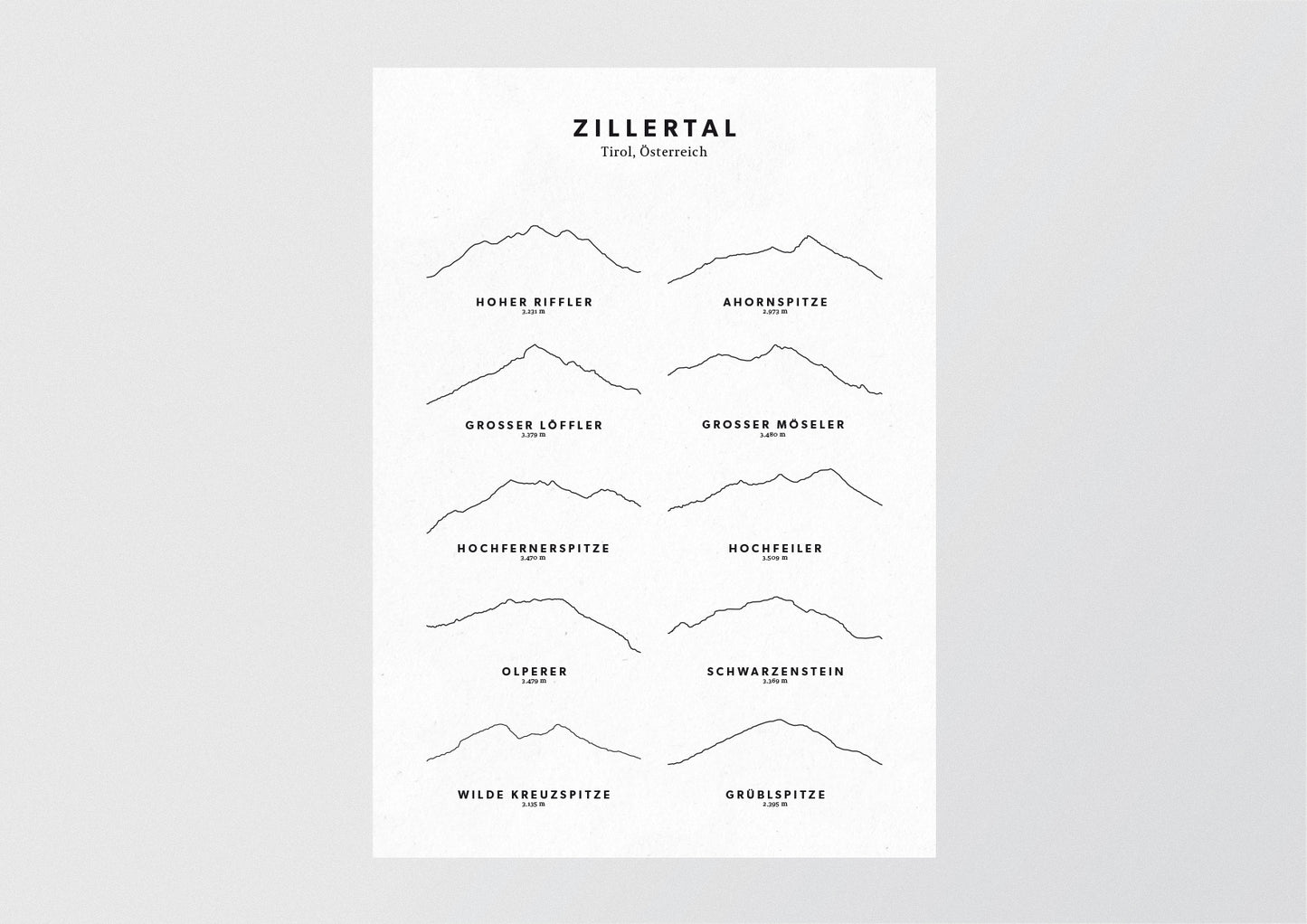 Minimalistische Illustration des Zillertals, als stilvoller Einrichtungsgegenstand für Zuhause.