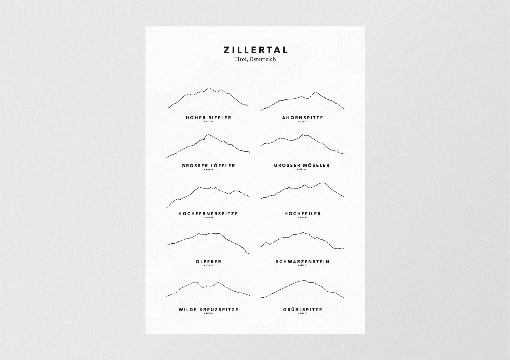 Minimalistische Illustration des Zillertals, als stilvoller Einrichtungsgegenstand für Zuhause.