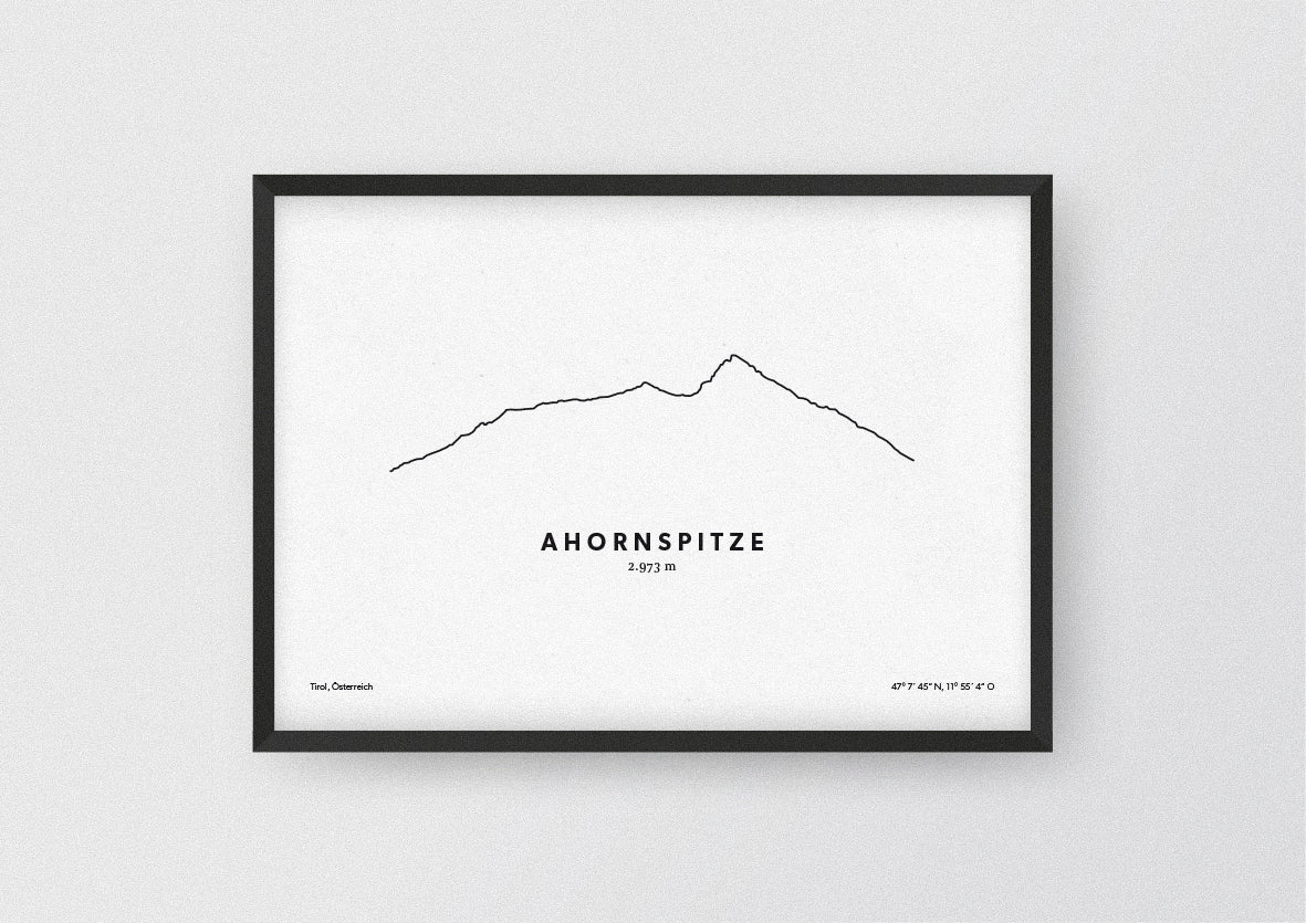 Minimalistische Illustration der Ahornspitze in den Zillertaler Alpen, südöstlich oberhalb von Mayrhofen, als stilvoller Einrichtungsgegenstand für Zuhause.