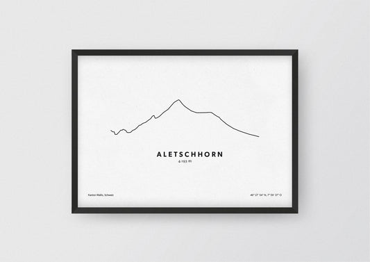 Minimalistische Illustration des Aletschhorn in den Walliser Alpen, als stilvoller Einrichtungsgegenstand für Zuhause.