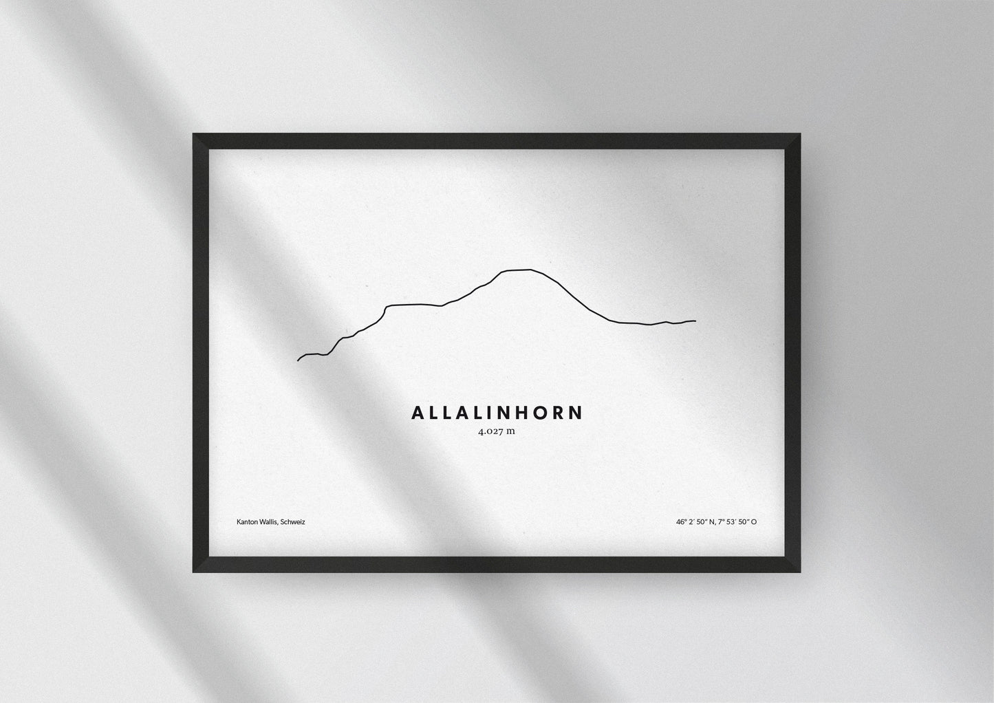 Minimalistische Illustration des Allalinhorn in den Walliser Alpen, als stilvoller Einrichtungsgegenstand für Zuhause.