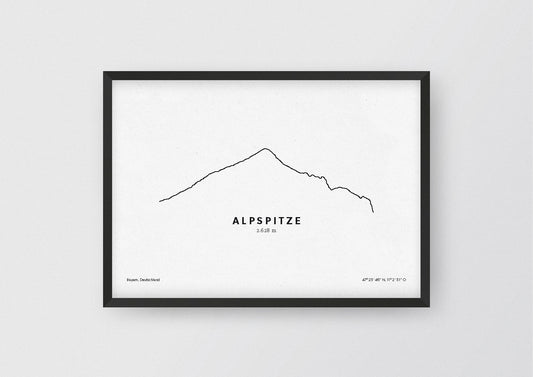 Minimalistische Illustration der Alpspitze in Bayern, als stilvoller Einrichtungsgegenstand für Zuhause.