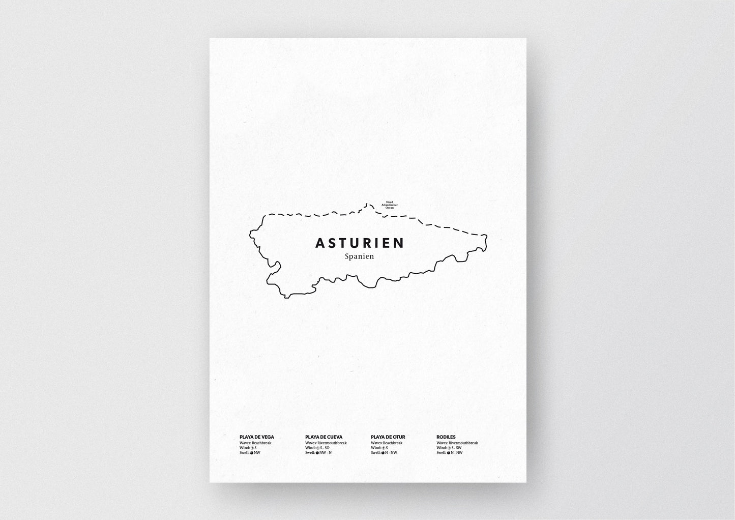 Minimalistische Illustration der Karte von Asturien, mit Markierung der Küste sowie vier Surfhotspots der Region, als stilvoller Einrichtungsgegenstand für Zuhause.