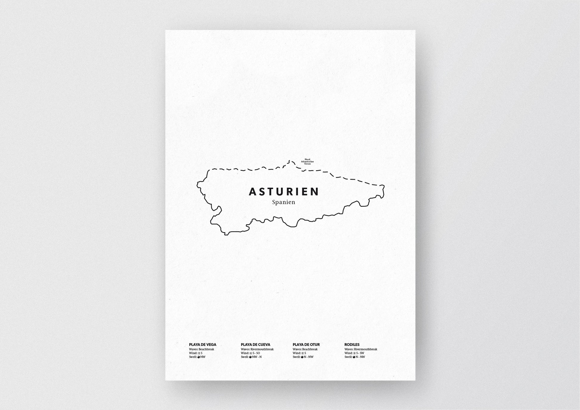 Minimalistische Illustration der Karte von Asturien, mit Markierung der Küste sowie vier Surfhotspots der Region, als stilvoller Einrichtungsgegenstand für Zuhause.