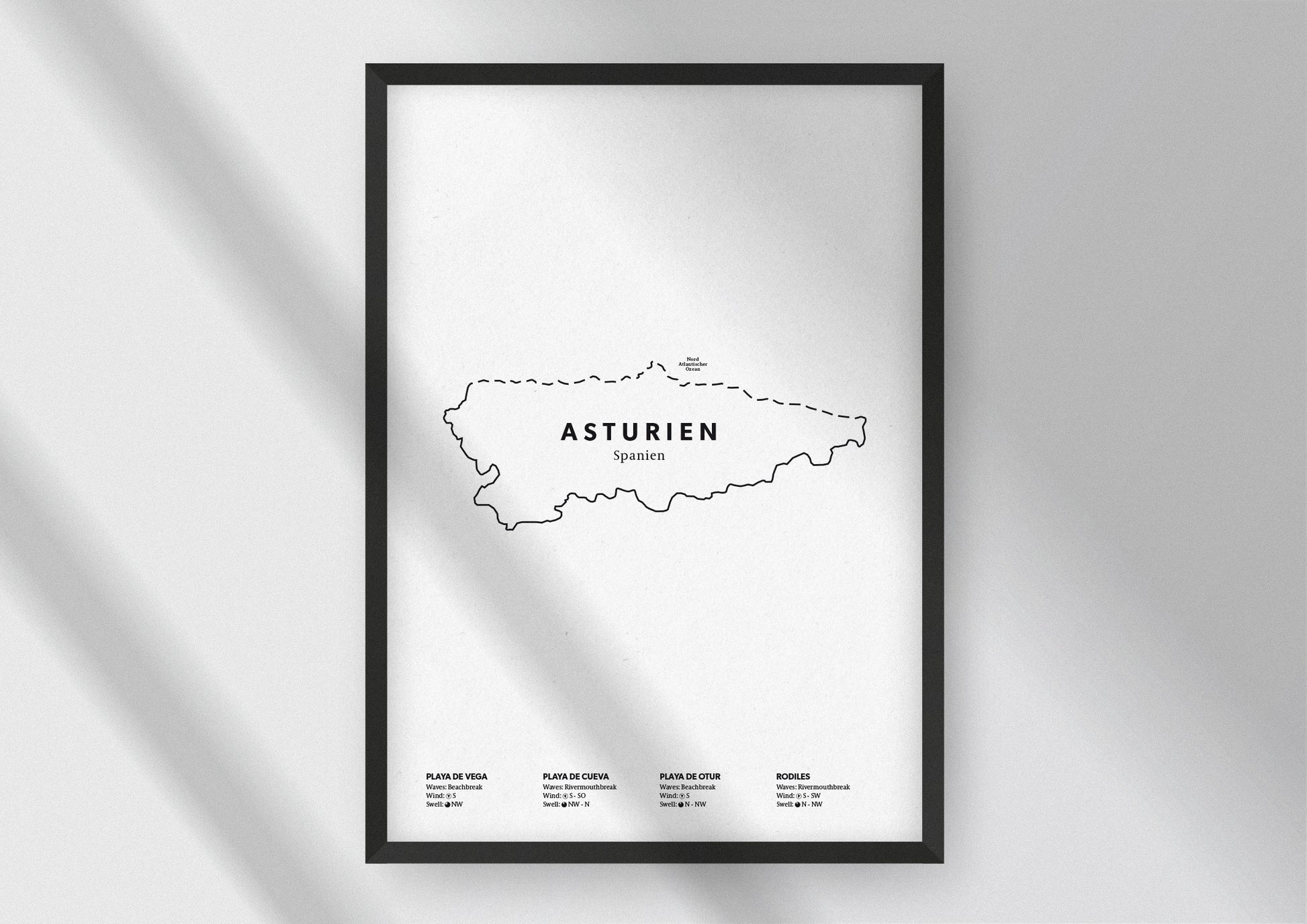 Minimalistische Illustration der Karte von Asturien, mit Markierung der Küste sowie vier Surfhotspots der Region, als stilvoller Einrichtungsgegenstand für Zuhause.