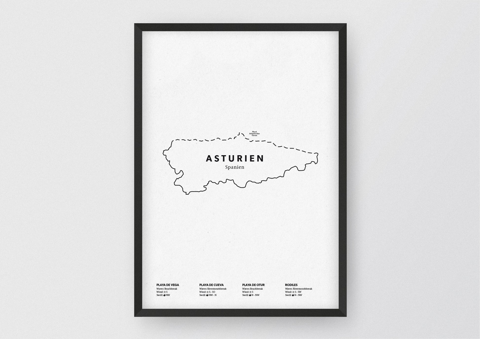Minimalistische Illustration der Karte von Asturien, mit Markierung der Küste sowie vier Surfhotspots der Region, als stilvoller Einrichtungsgegenstand für Zuhause.